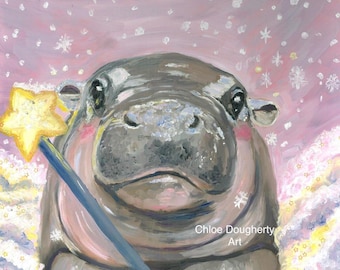 May include: A painting of a hippopotamus with a pink nose and a star-shaped wand. The hippopotamus is surrounded by a pink and white background with snowflakes.