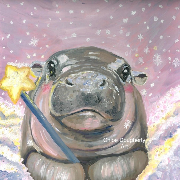 Moo Deng Oil Painting PRINT,8”x8” or 5”x5” Fairycore Hippo Fine Art Print, Whimsical Print, Dopamine Decor Wall Art