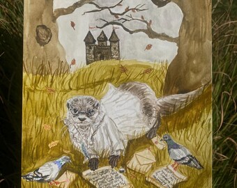 Victorian Otter Watercolor Painting, Whimsical Fall Art (7x10in)