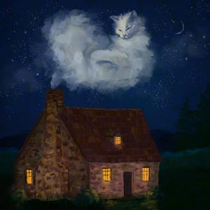 Op de afbeelding: Een digitaal schilderij van een stenen huisje in de nacht met warm geel licht dat uit de ramen schijnt. Boven de schoorsteen vormt een grote, pluizige witte kat zich uit wolken tegen een donkerblauwe sterrenhemel met een maansikkel.