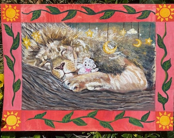 Sleeping Lion Original Gouache Painting, 9”x12” Signed Original Illustration, Hand Painted Animal Nursery ArtWork