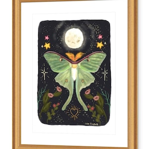 Luna Moth Illustration, 8”x10” or 5”x7” Print, Hand Drawn Artist Madw Moth Art, Whimsigoth Cozy Butterfly Illustration