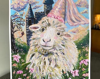 May include: A white sheep wearing a pink crown with a long veil, standing in a field of pink flowers in front of a gray castle. The sheep is smiling and looking directly at the viewer.