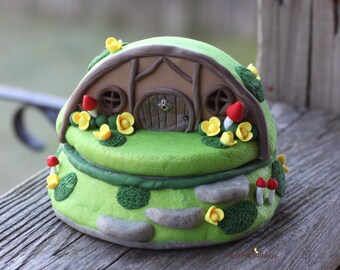Gnome Home fairy house night light with mushrooms and yellow flowers