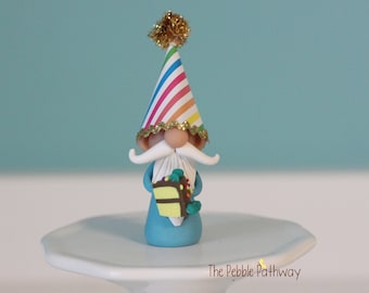 Happy Birthday Miniature Gnome with party hat and piece of cake