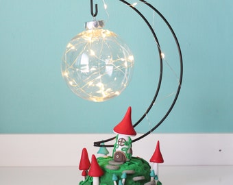 Fairy Mushroom house with Moon Ornament Hanger and fairy lights