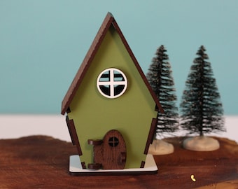 Tiny cottage home for itty bitty gnome - moss green with steep roof, working door