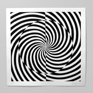 May include: Black and white abstract print with a swirling pattern. The print is signed in the bottom right corner.