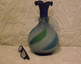 Hand blown blue green glass onion shaped vase 1950s retro vintage