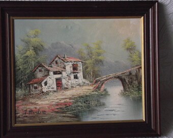 Oil or acrylic painting of European riverside rural cottage. Signed by the artist