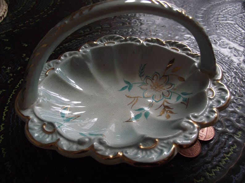 Pretty vintage pale green and gilded china trinket or pin dish. image 1