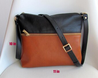 Umhängetasche aus orangefarbenem Leder: Schultertasche mit Reißverschluss