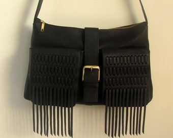 Casual leather bag for women Black leather purse with fringe Genuine leather Handbag Medium