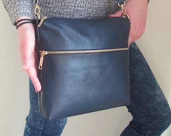 Navy leather crossbody purse for women Custom color Birthday gift for sister