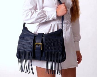 Navy casual bag  Shoulder fringe bag for women Medium size Gift for wife