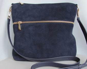 Suede purse for women with zipper Navy or black color