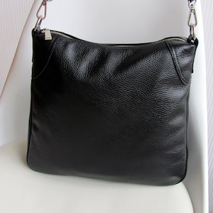 Black leather bag for women Leather shoulder purse with zipper Medium casual shoulder bag