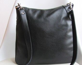 Black leather bag for women Leather shoulder purse with zipper Medium casual shoulder bag