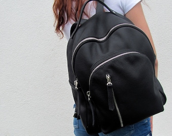Large black backpack for women Urban rucksack Soft genuine leather