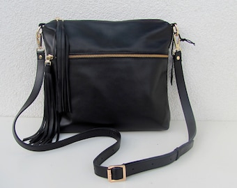 Genuine leather black crossbody purse for women Birthday gift Medium bag