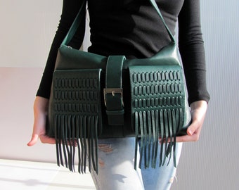 Green leather fringe purse for women Italian genuine leather Shoulder bag