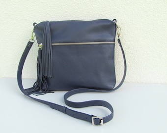Navy leather crossbody purse  with tassels Shoulder bag for women Birthday Gift