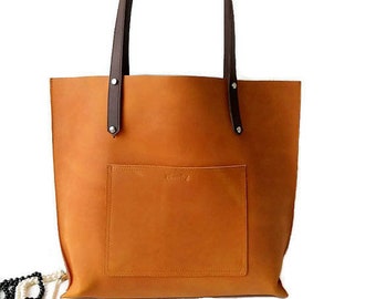 Teacher leather tote bag Tan personalized handbag for women Large shopper Gift for wife