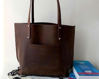 Brown leather tote bag for women Handbag or + Shoulder strap Back to school