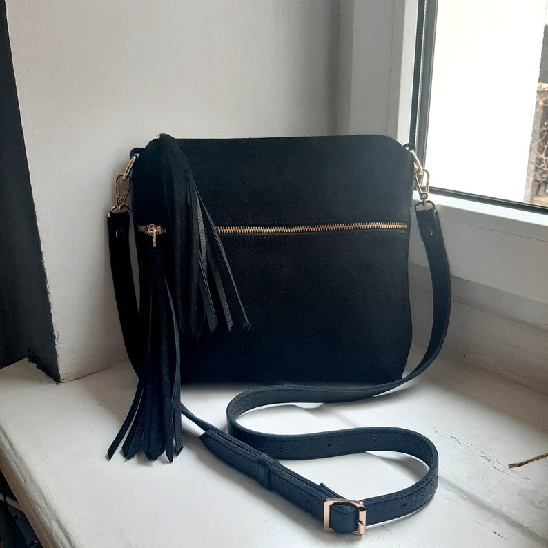 Dark blue leather bag for women Leather tassel purse Custom color Boho handbag black(suede+leather)