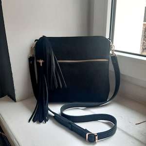 Black leather crossbody bag for women Medium cross body purse Casual shoulder bag image 6