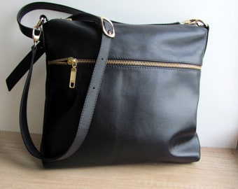 Black crossbody leather purse Medium zippered bag for women