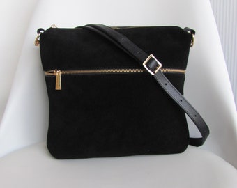 Suede purse Black leather crossbody bag for women with zipper Medium bag