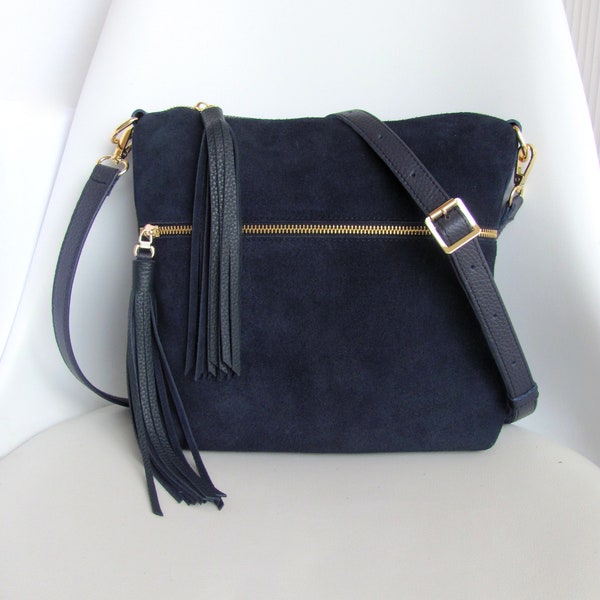 Black or blue suede crossbody purse for women Navy handbag with tassels Soft leather bags