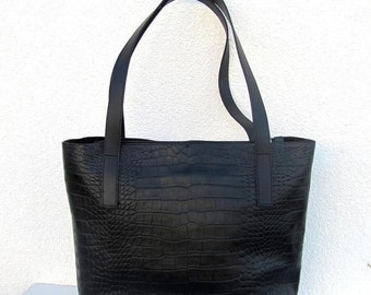 Leather tote bag with zipper Teacher tote bag Italian leather with croc print