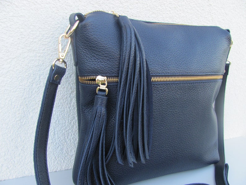 Black leather crossbody bag for women Medium cross body purse Casual shoulder bag Navy