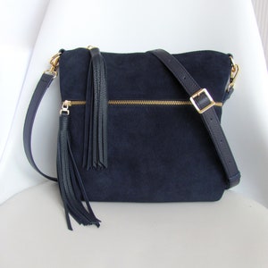 Black leather crossbody bag for women Medium cross body purse Casual shoulder bag Navy (suede+leather)