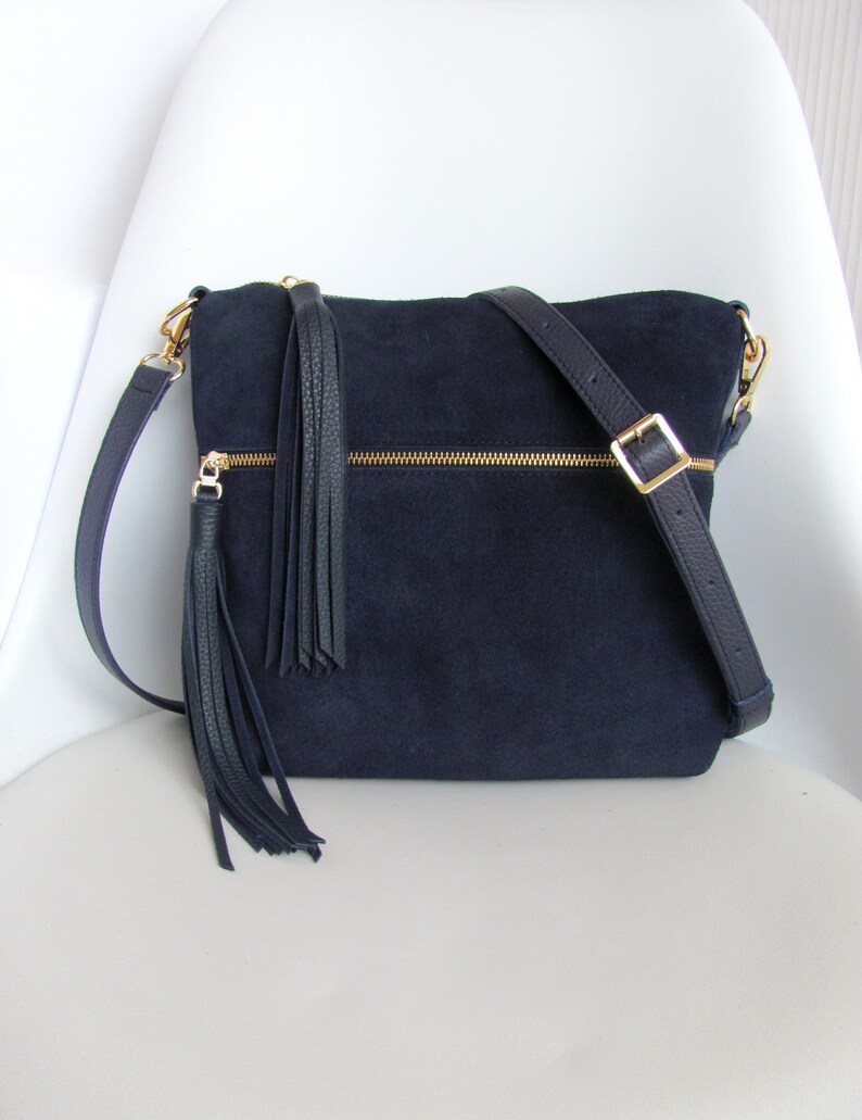 Black leather crossbody bag for women Medium cross body purse Casual shoulder bag Navy (suede+leather)