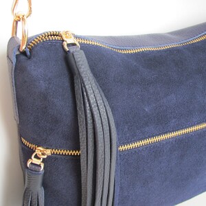 Dark blue leather bag for women Leather tassel purse Custom color Boho handbag Navy (suede+leather)