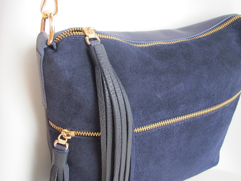 Dark blue leather bag for women Leather tassel purse Custom color Boho handbag Navy (suede+leather)