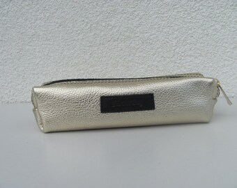 Gold Leather Makeup Bag: Personalized Cosmetic Pencil Pouch