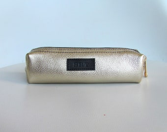 Leather makeup bag Gold toiletry bag women Leather cosmetic bag Gold pen pouch Personalized gift