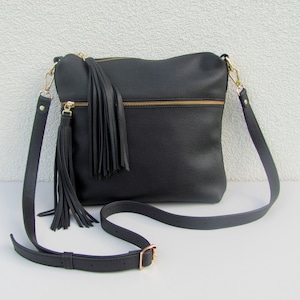Black leather crossbody bag for women Medium zipper purse Shoulder bag Handbag Birthday gift