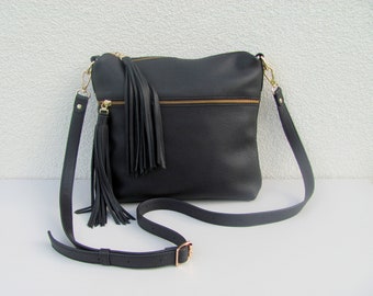 Black leather crossbody bag for women Medium zipper purse Shoulder bag Handbag Birthday gift