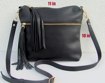 Black leather crossbody bag for women  Medium cross body purse Casual shoulder bag 