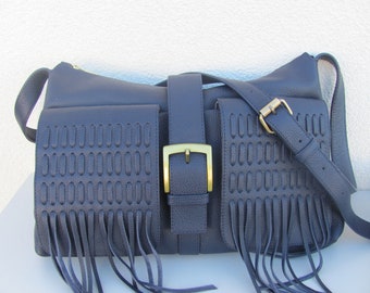 Boho bag women Navy leather shoulder purse Zipper purse Gift for wife