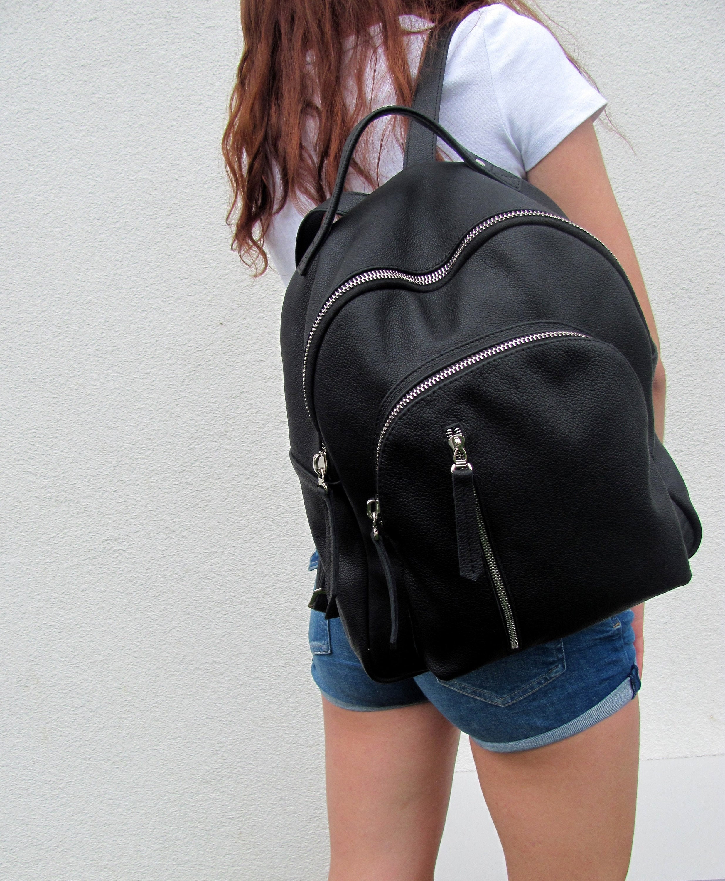 Large black backpack for women Urban rucksack Soft genuine leather