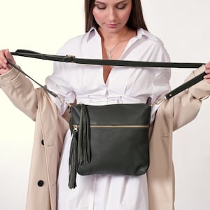 Dark blue leather bag for women Leather tassel purse Custom color Boho handbag Dark Olive Green