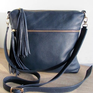 Dark blue leather bag for women Leather tassel purse Custom color Boho handbag image 1