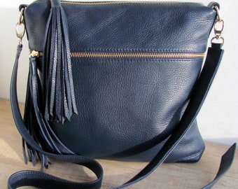 Dark blue leather bag for women Leather tassel purse Custom color Boho handbag