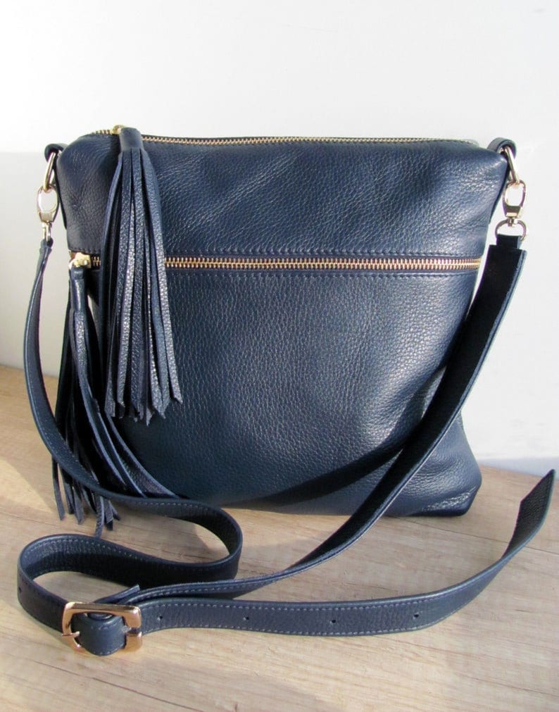 Dark blue leather bag for women Leather tassel purse Custom color Boho handbag image 1